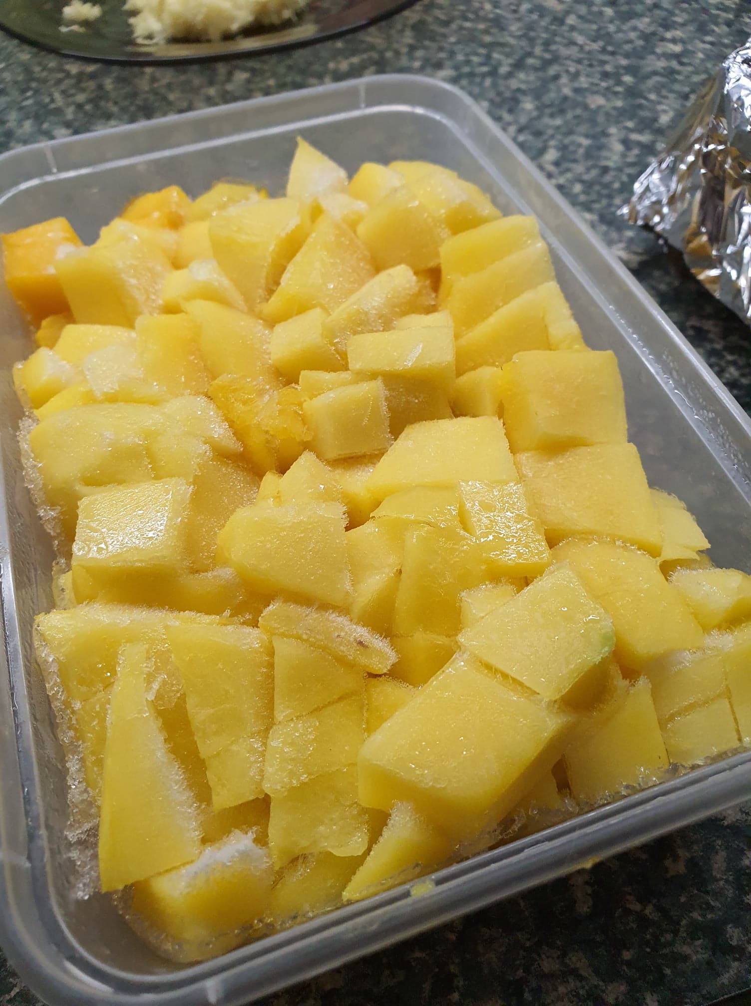 500 grams of just ripe eating mangoes, cut into 1cm cubes.